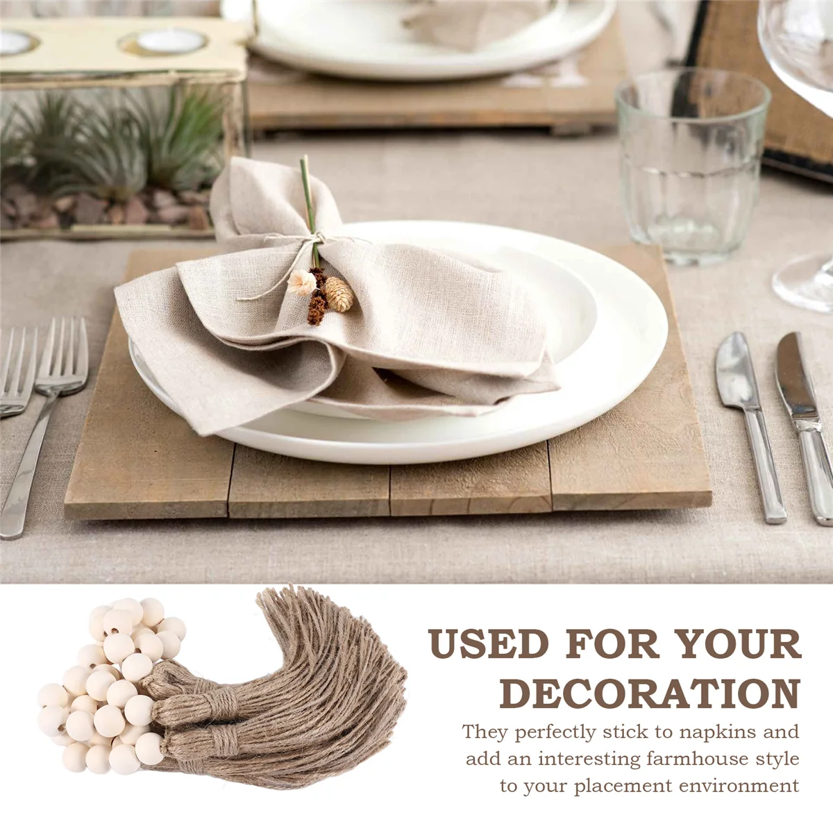 Juego de 6 servilleteros de madera con cuentas, con ajuste de mesa, accesorios para decoración de boda, servilletero de estilo Natural