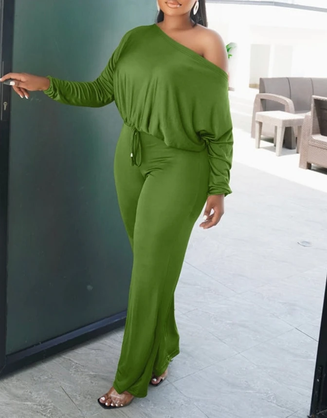 

Plus Size Women's Green Pants Set 2024 Autumn Long Sleeve Off Shoulder Skew Neck Drawstring Top & Skinny High Waist Pants Set