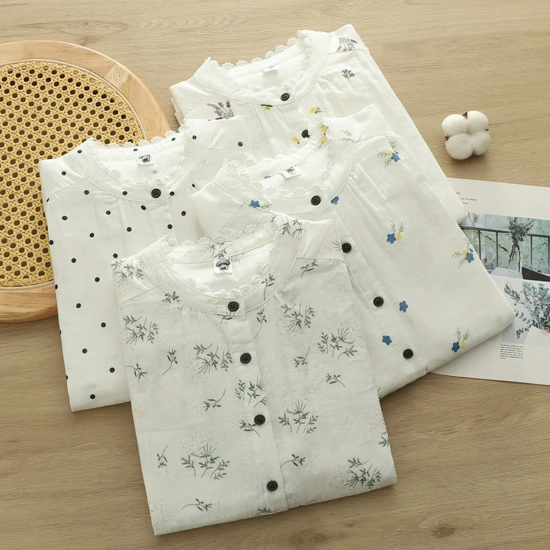 

2026 Vintage clothes Japanese style 100% cotton yarn print shirts and blouses for women stand collar long sleeve ladies tops