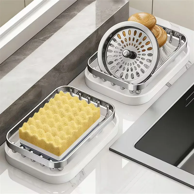 Stainless Steel Soap Dish with PP Drain Tray Draining Soap Holder Desktop Scrubber Brush Storage Organizer for Bathroom Kitchen view 4