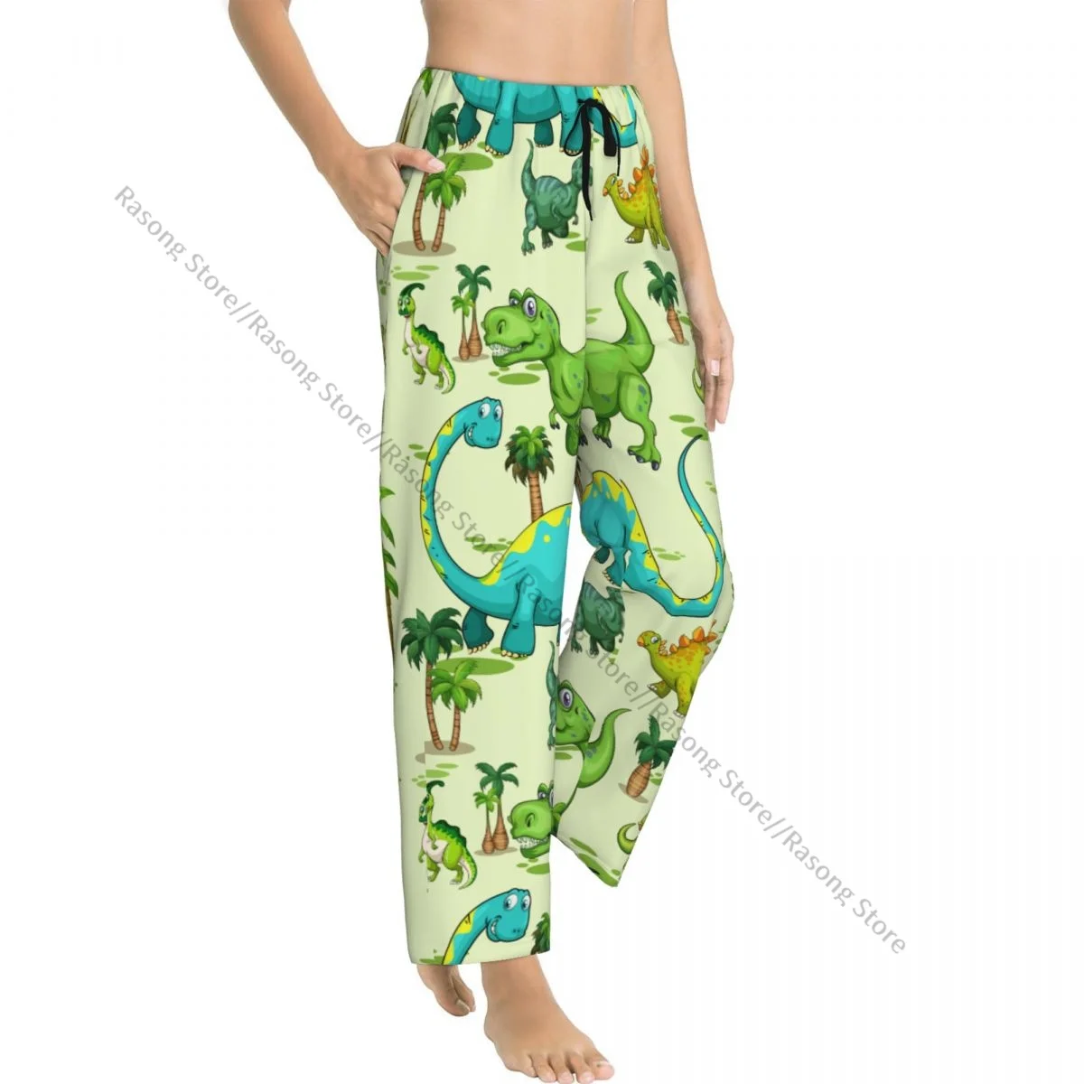 Dinosaurs Tree Green Women Sleep Pants Warm Flannel Lounge Pants for Winter Nights