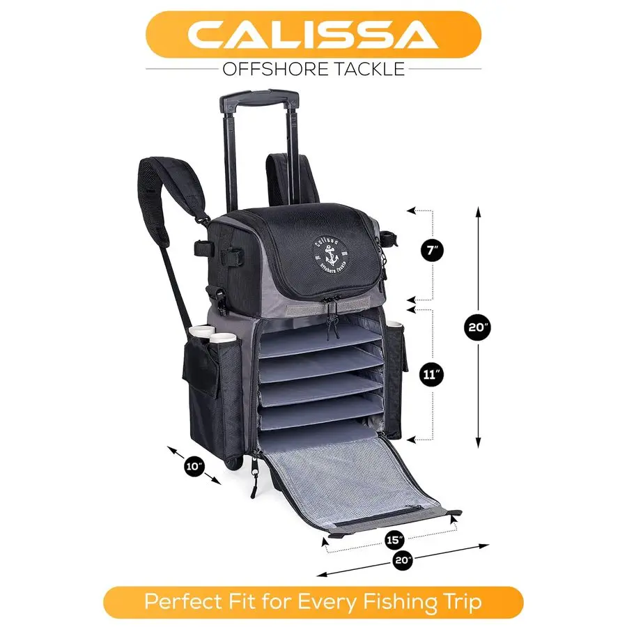 صندوق أدوات صيد السمك المتدحرج في الخارج مع عجلات، حقيبة ظهر صيد مقاومة للماء مع حامل قضيب وحقيبة تخزين دوارة #3