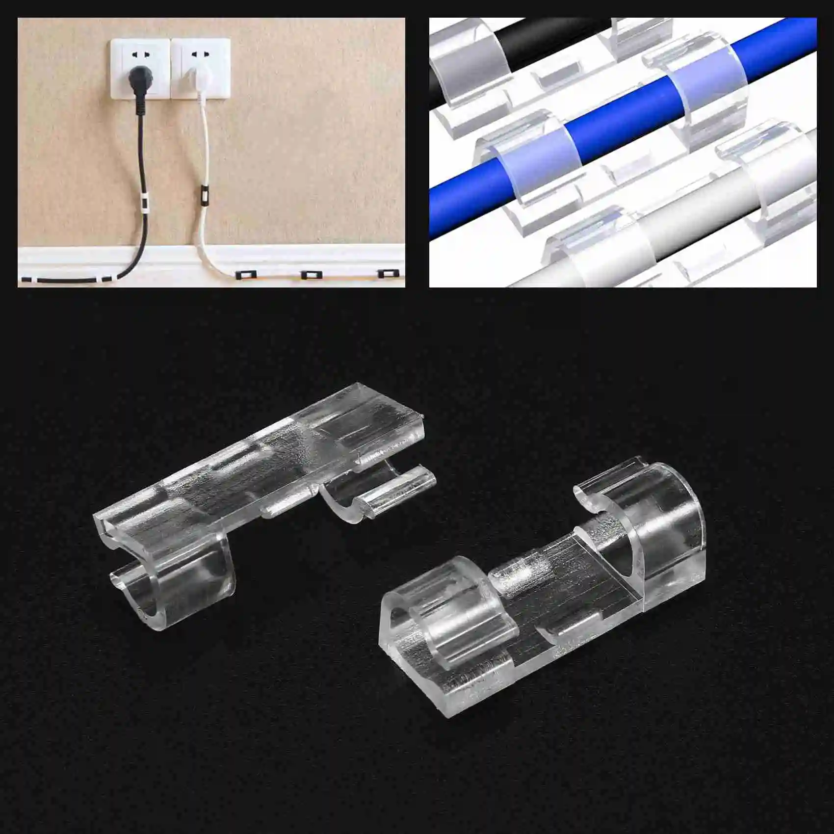 100PCS Cable Clips Wire Holder with Strong Self Adhesive Pads Plastic Cord Management Organiser Transparent