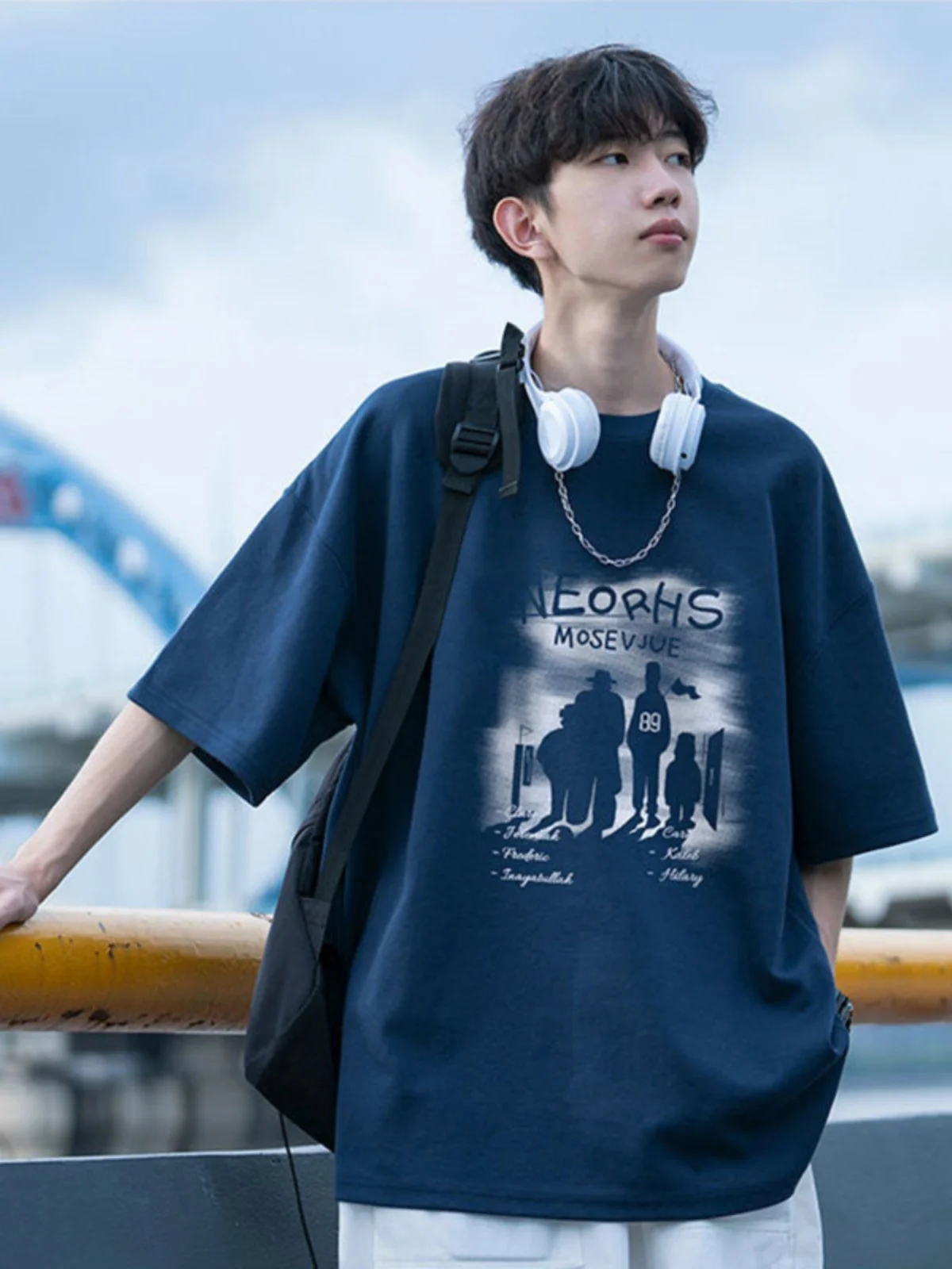 

Loose Fit Cotton f Sve T-irt for Boys Summer Breathable Comfortable Pure Blue Trendy Brand Youthful Printed round Ne