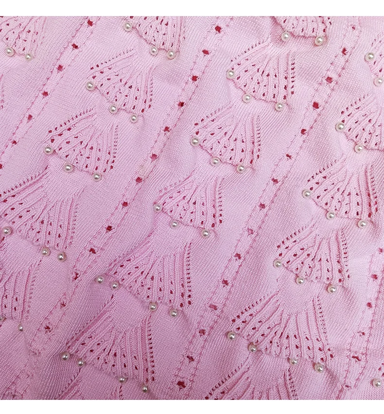 Spliced Hollow Out Knitting Sweet Dress for Women O-Neck Short Sleeve Slim Waist Beading Embroideery Pleated Dresses Female