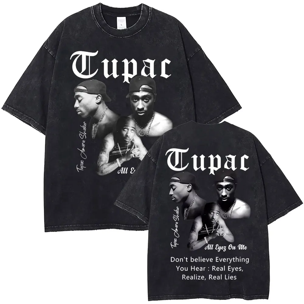 Camiseta de rapero Vintage lavada Tupac 2pac Shakur All Eyez on Me para hombres y mujeres, camisetas Retro de gran tamaño de Hip Hop, camiseta de moda para hombres