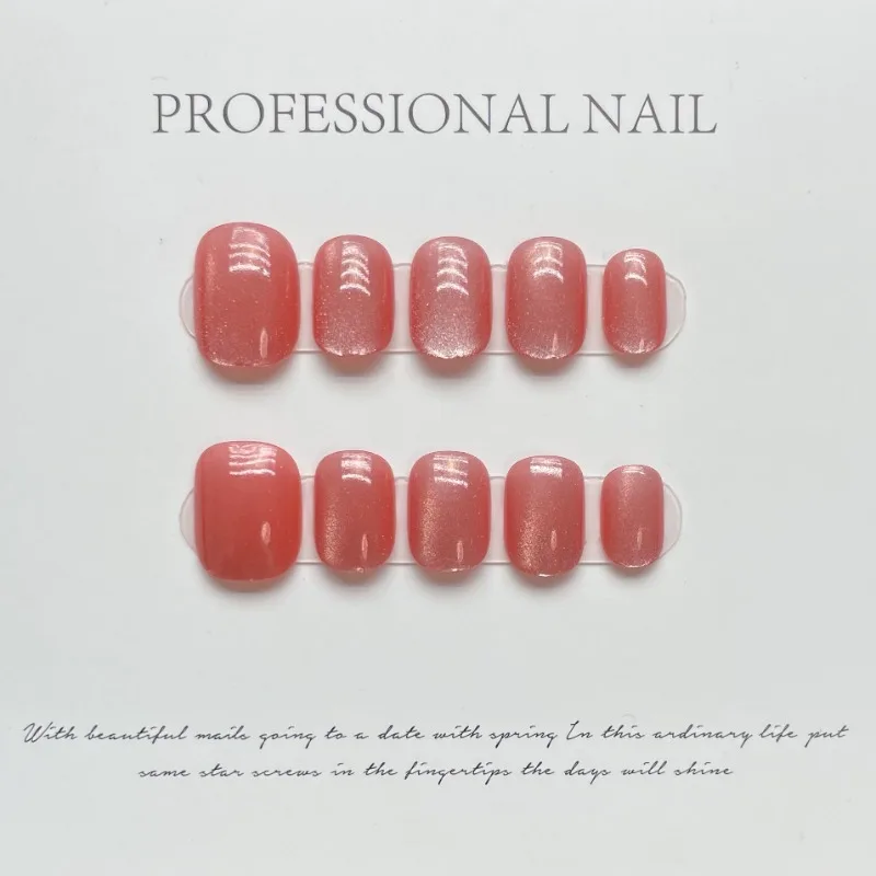 

10Pcs Handmade Solid Color Nail Tips Short Press on Nails Artificial Finger Nails Realistic Cat Eye Decoration Red False Nails