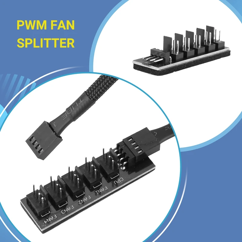 PWM Fan Hub Splitter, 4 Pin Black Sleeved 5 Way PC CPU Cooling Case Fan Extension Splitter Adapter Cable 40cm/15.7Inch-DTD2