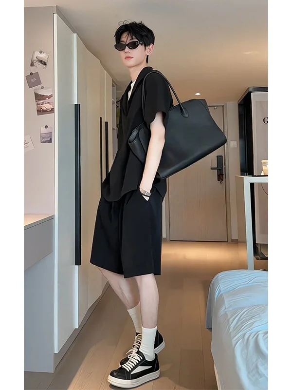 

Ice Silk Casual Two-Piece Set for Men Thin Summer Cleanfit Shirt Shorts Lightweight Cotton Linen Blend Youth Summer Outfit