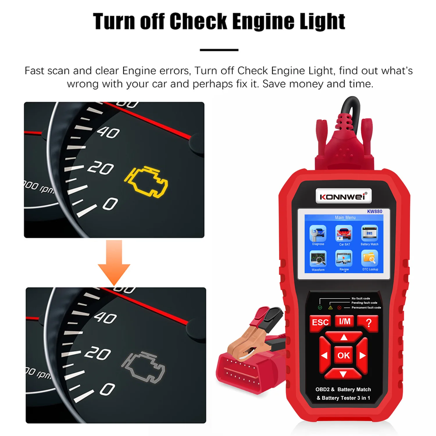 

KONNWEI KW880 Automobile Fault Diagnosis Instrument Detection+Automobile Battery Tester+Battery Matching