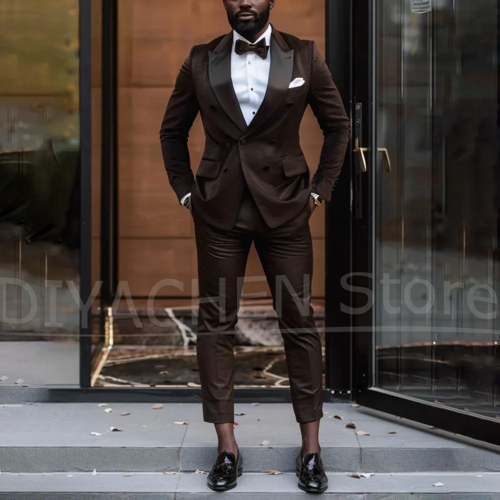 

Мужской темно-коричневый костюм, двубортный пиджак с брюками, официальная одежда для свадебной вечеринки для джентльменов, роскошные стильные костюмы