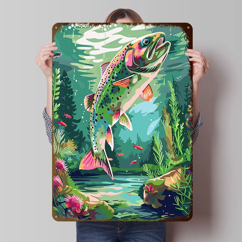 Rainbow Trout Underwater Printed Poster Customized Wall Art Retro Vintage Metal Tin Signs for Room Decorating Interior House