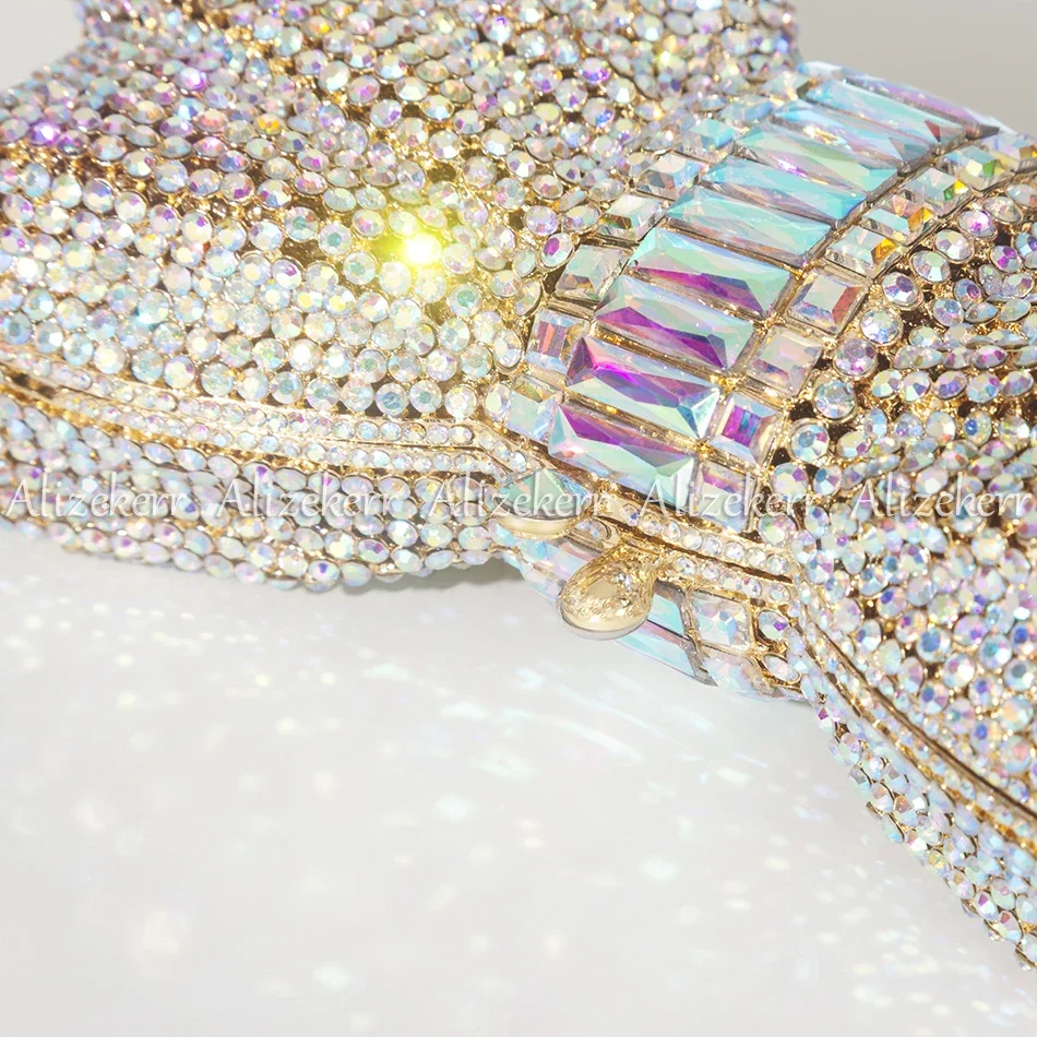 Alizekerr Crystal Bow Evening Clutch Purses Women Luxury Handmade Gorgeous Multicolor Rhinestone Metallic Handbags Party Wedding