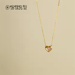 Korea Simple Pink Zircon Heart Necklace Clavicle Chain for Women Stainless Steel 18k Gold Plated Jewelry