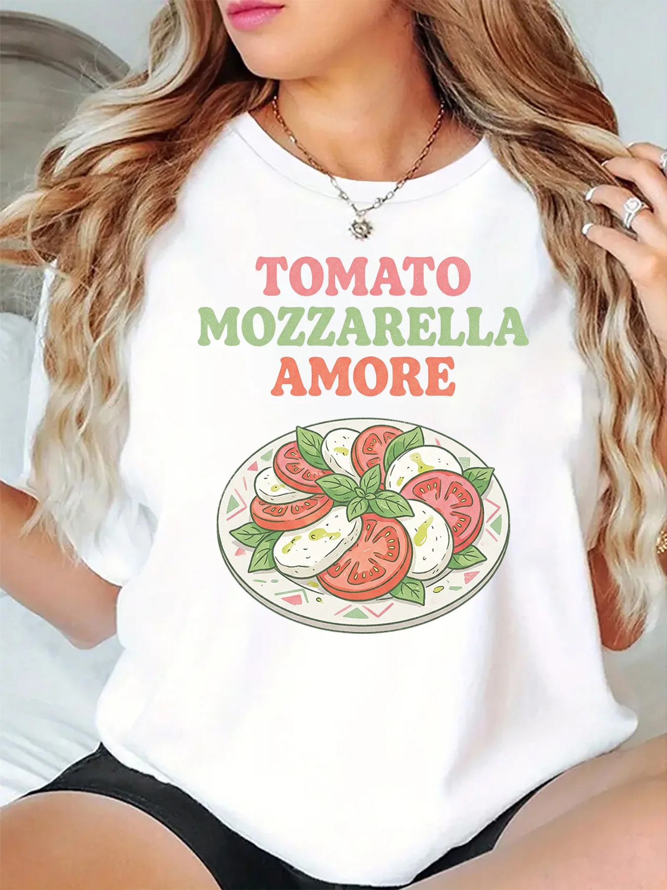 Tomato Mozzarella Amore Italian Salad Graphic Womens T Shirt Short Sleeve Crew Neck Fun Food Print Casual Daily Ladies Tee Tops