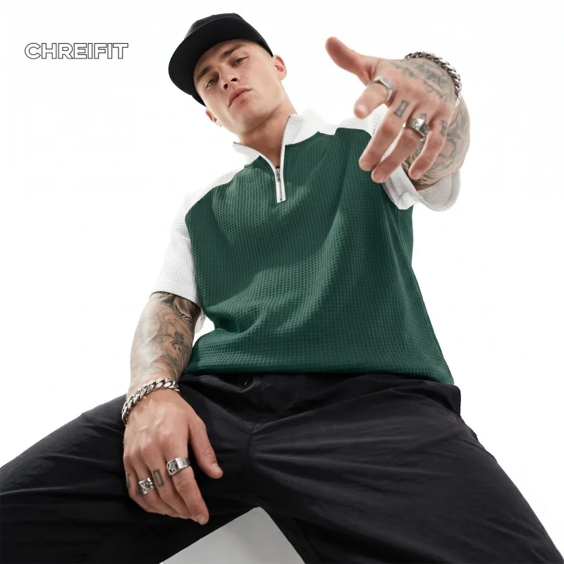

Men's Streetwear Waffle T-Shirt Color Block Short Sleeve Stand Collar Zip Up Polo Shirt Hip Hop Summer Fashion Casual Loose Tops