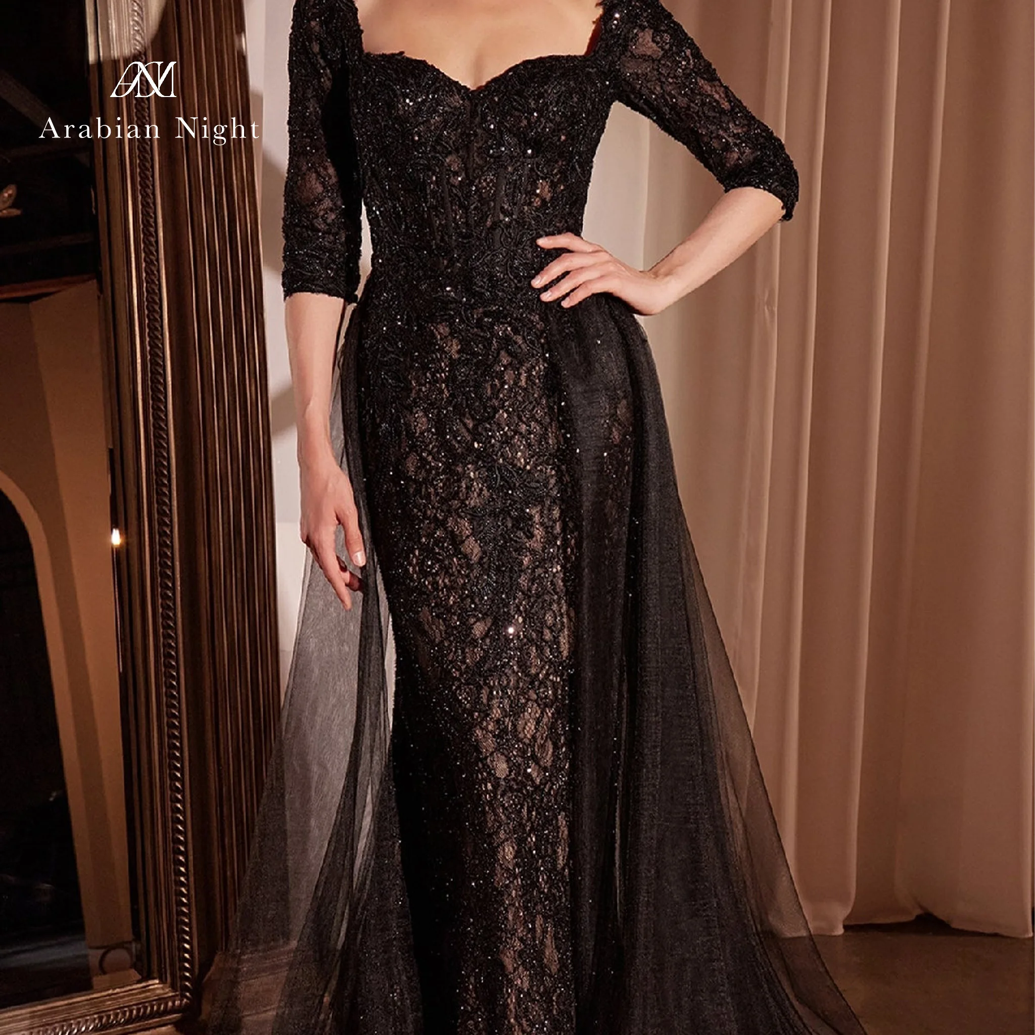 Black off-the-shoulder short-sleeved fishtail floor-length formal evening dress with lace embroidery and back exposure