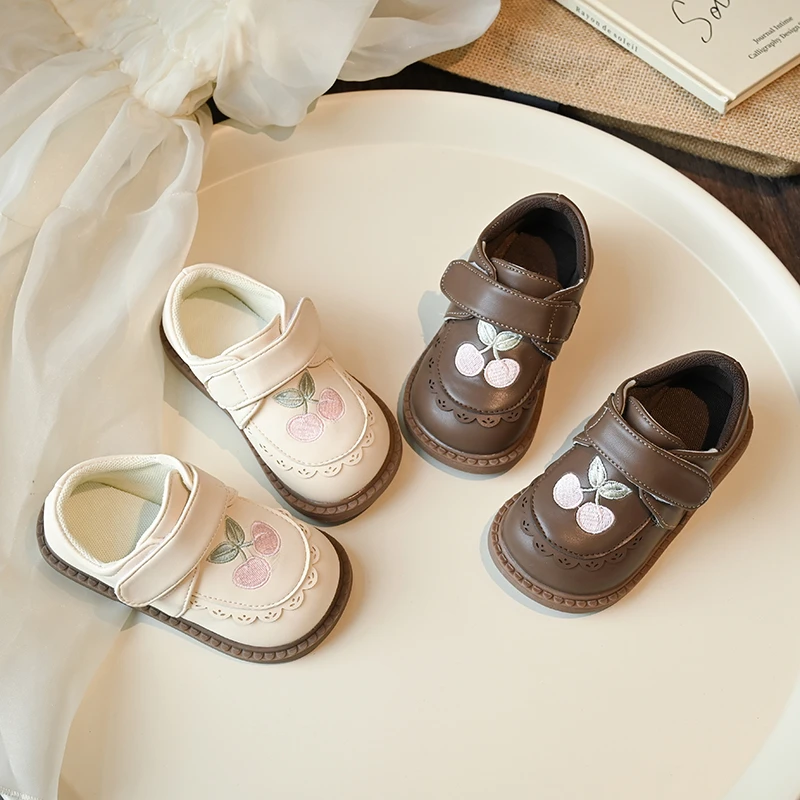 Little Girls Cherry Embroidered Mary Jane Shoes, Lace Trim Hook-and-Loop Soft Sole Princess Flats