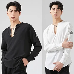 Adult Male Latin Dance Tops V Neck Long Sleeves T Shirt Men Latin Practice Clothing Rumba Cha Cha Ballroom Dance Clothes BL13066