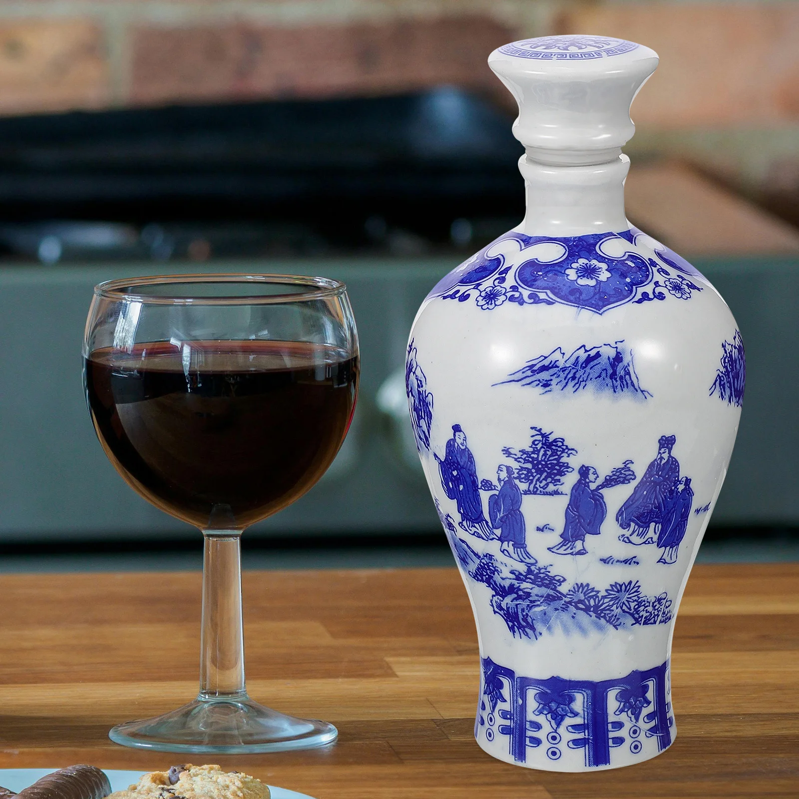 Chinese Style Blue and White Porcelain Ceramic Wine Jar Liquor Storage Bottle Home Bar Wine Pot Drink Storage Bottle