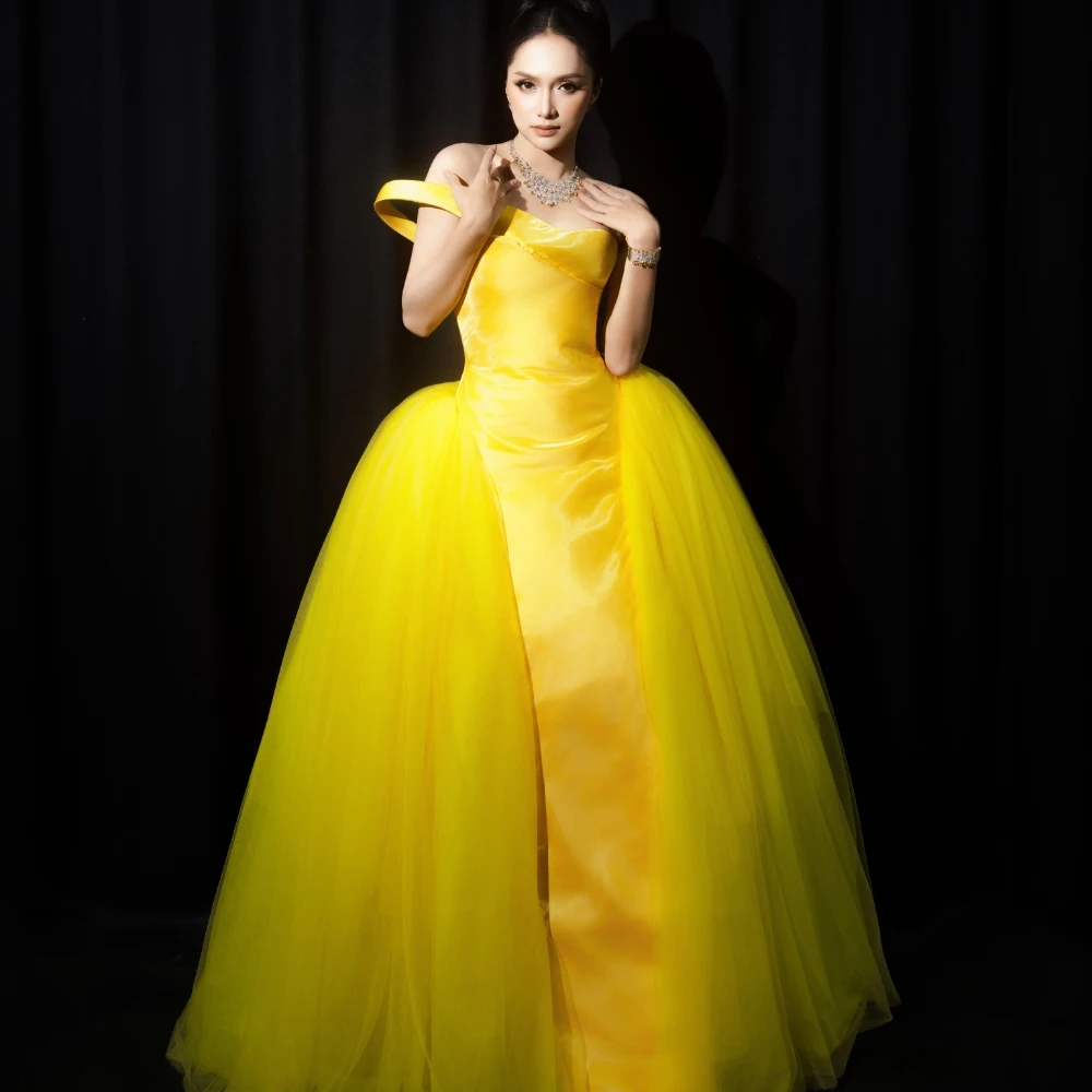 Solid Yellow Tulle Skirt Women Floor-Length Sheer Mesh A-line High Waist Multilayer Ballgown Skirts Cocktail Overlay Maxi Tutu
