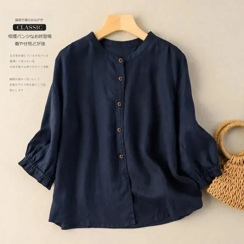 Women's Linen Cotton Blouse Casual Loose Summer Shirt 3/4 Lantern Sleeve Plus Size Retro Top