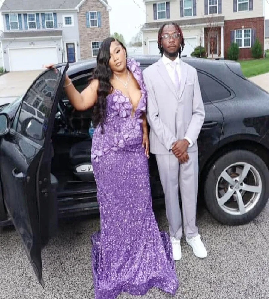 Sparkly Purple Sequin Evening Dress For Nigeria Women Elegant Large Size Mermaid Prom Dresses Black Girls Birthday Formal Party