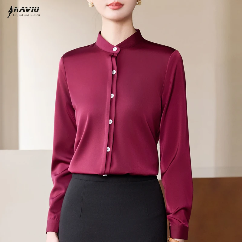 

NAVIU Chiffon Wine Red Shirt Casual Long Sleeve Formal Elegant Blouses All Match Solid Color Office Ladies Work Tops White