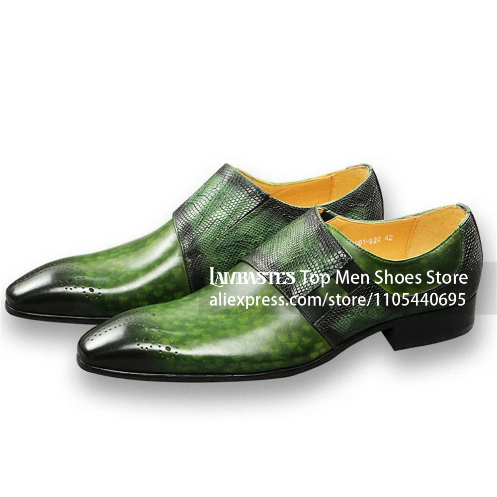 Green Gradient Snake Embossed Dress Shoes Vintage Hand Rubbed Brogue Slip On Leather Shoes Splicing Brogue Toe Formal Footwear