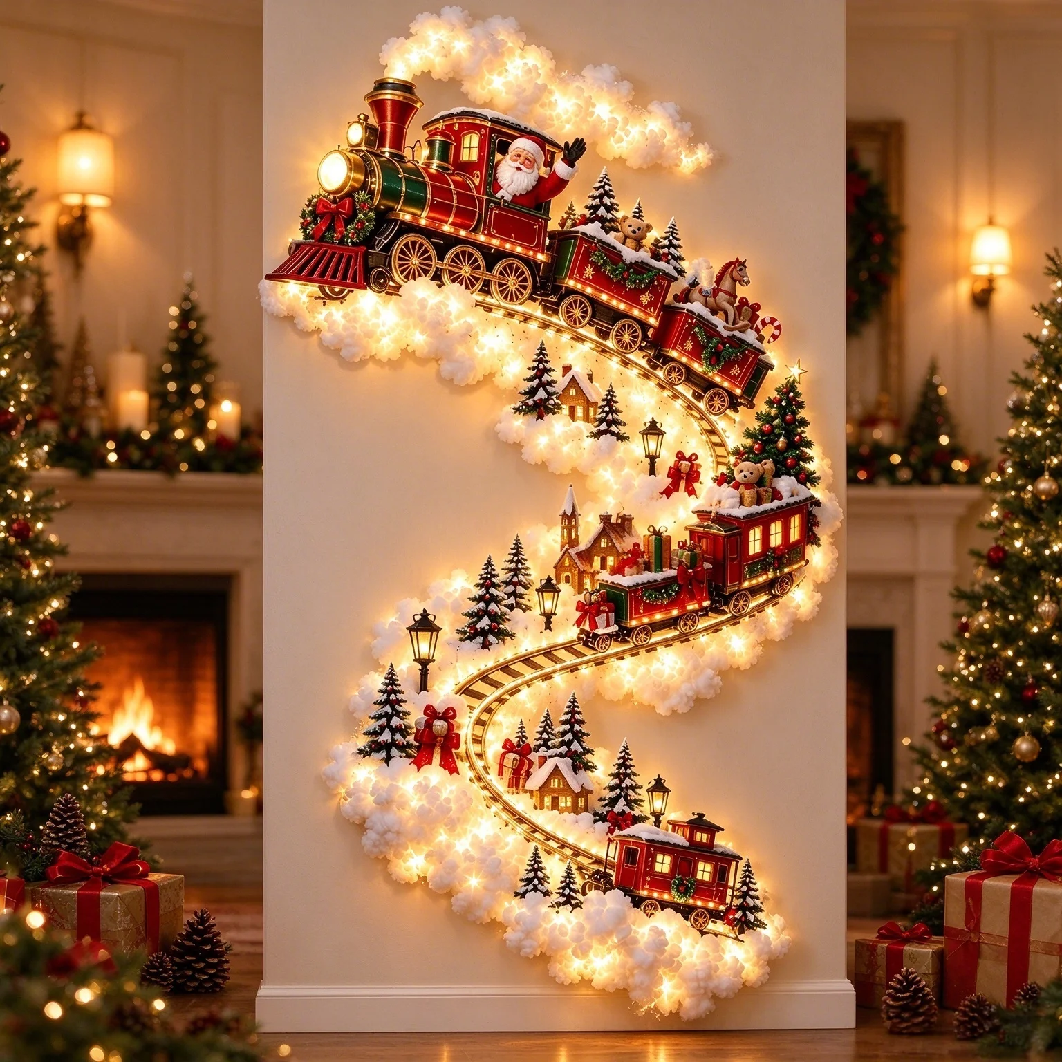 Christmas Magic Trail Wall Light-LED Glowing Christmas Scene Wall Decoration,Santa Sleigh Reindeer Hanging Decoration for Party