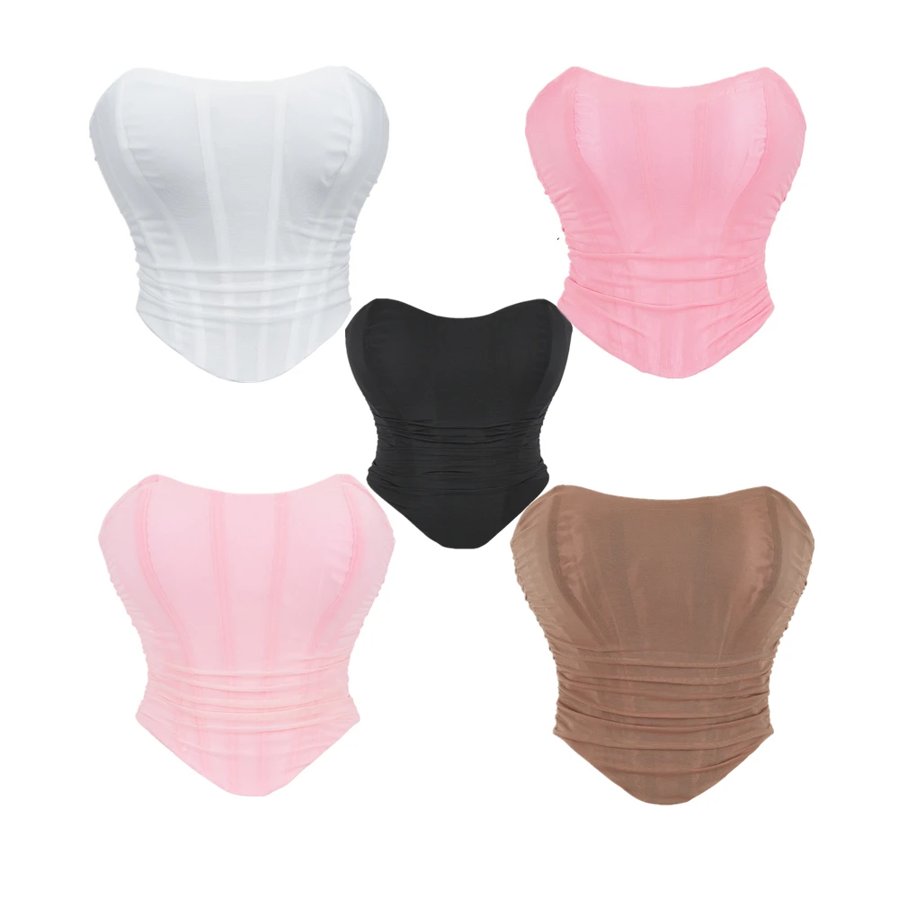 Sexy Women Corset Crop Tops gothic Mesh Breathable Elastic Strapless Vest Female Underwear Backless Bustier Top WHITE Pink