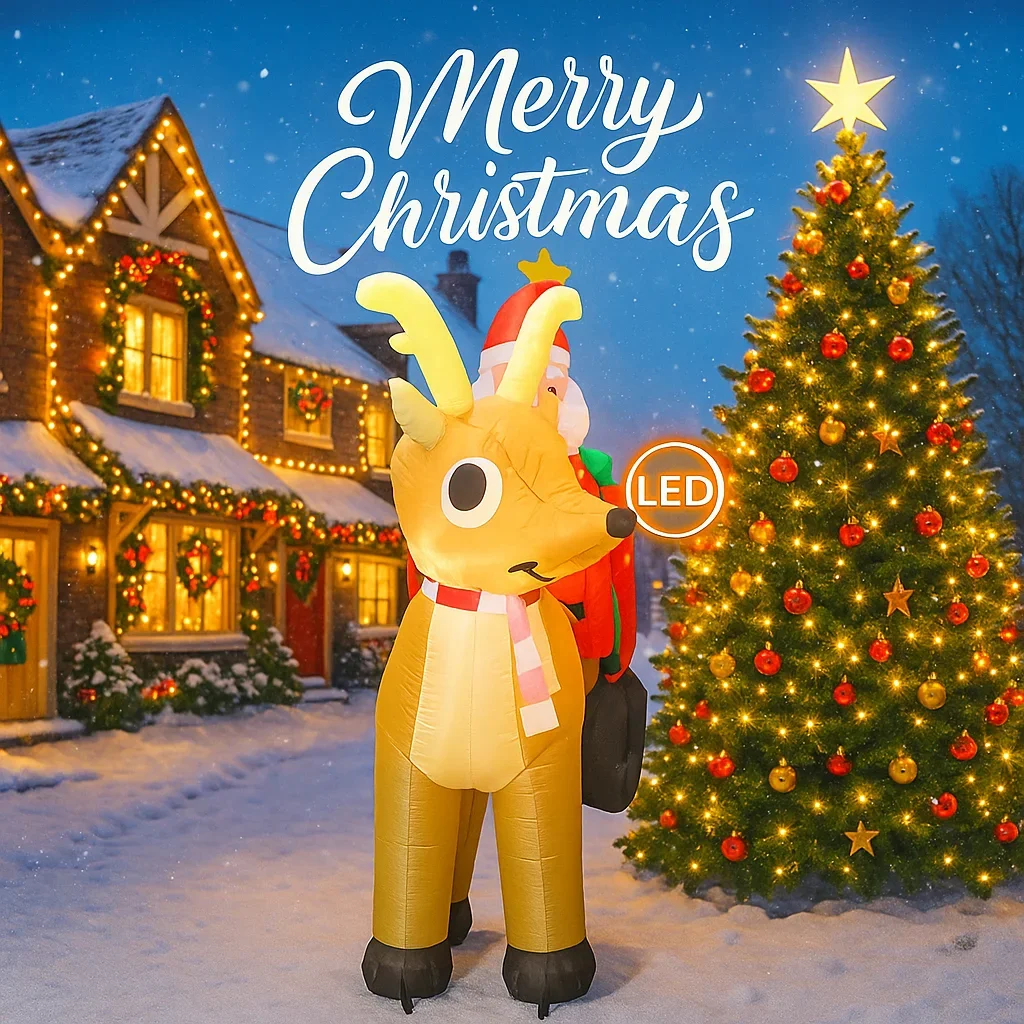 Trineo inflable gigante de Papá Noel de 7,87 pies, juguete de Reno con luces LED, decoración de patio de Navidad, suministros para fiesta en casa, adornos
