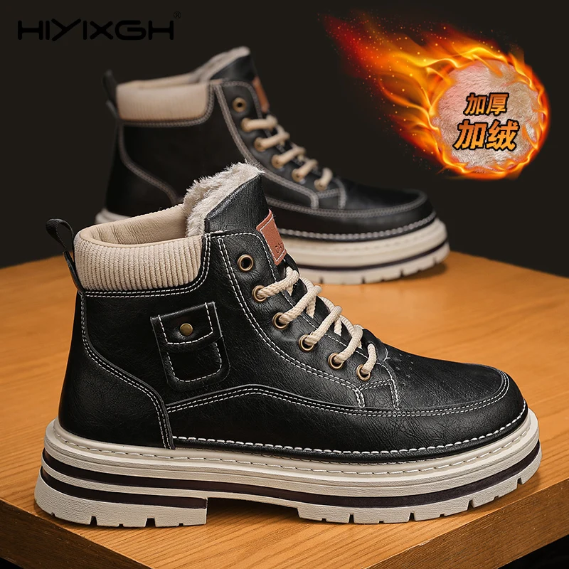 

Fur Warm Mens Boots Snow Leather Casual Shoes Ankle Winter Cowboy Combat Motorcycle Chelsea Outdoor Hiking Designer Luxury