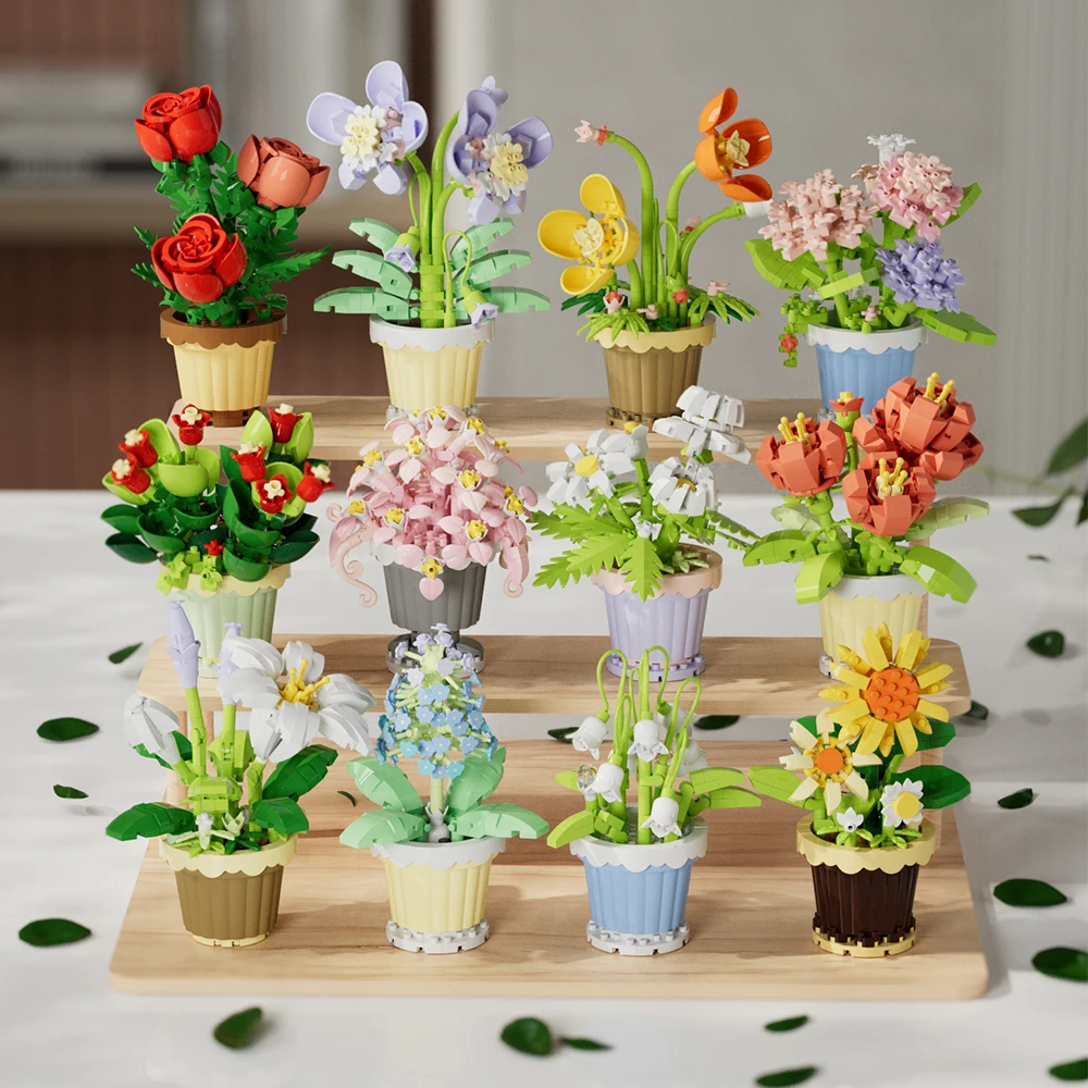Bloco de quebra-cabeça brinquedos em vaso blocos de construção simular buquês de flores suculentas flores eternas decoração para casa presentes de natal