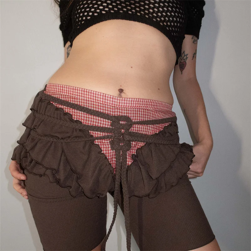 レディースサマーY2Kレトロブルマーストラップタイドレイヤードフリル装飾伸縮性ローウエストスリムフィットチェック柄パッチワークショーツ