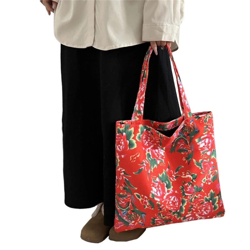 Fashion Large Capacity Handbag Chinese Northeast Flower Pattern Shopper Tote Bag for Women Parties and Gatherings