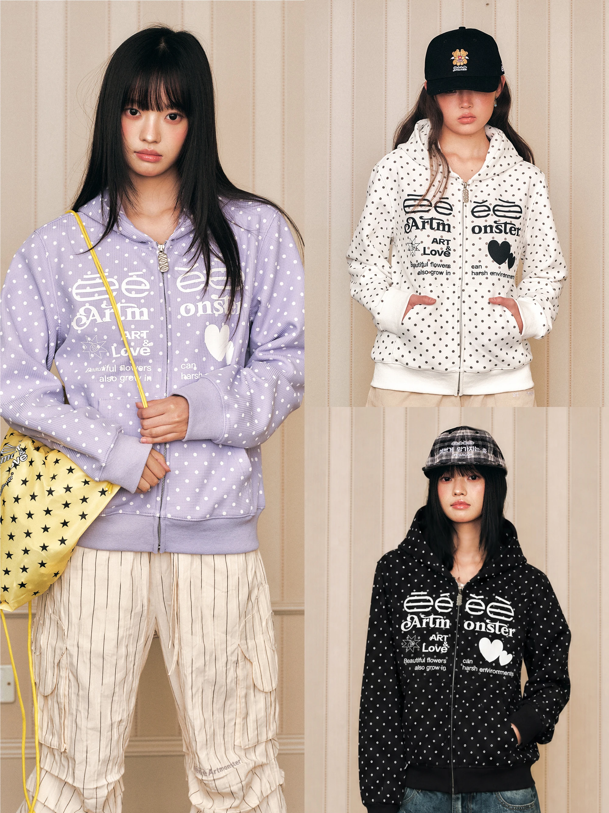 Dopamine Color Dot Print Hooded Cardigan Sweatshirt Korean Style Lettering Outerwear Long Sleeve Standard Fit Digital Direct ...