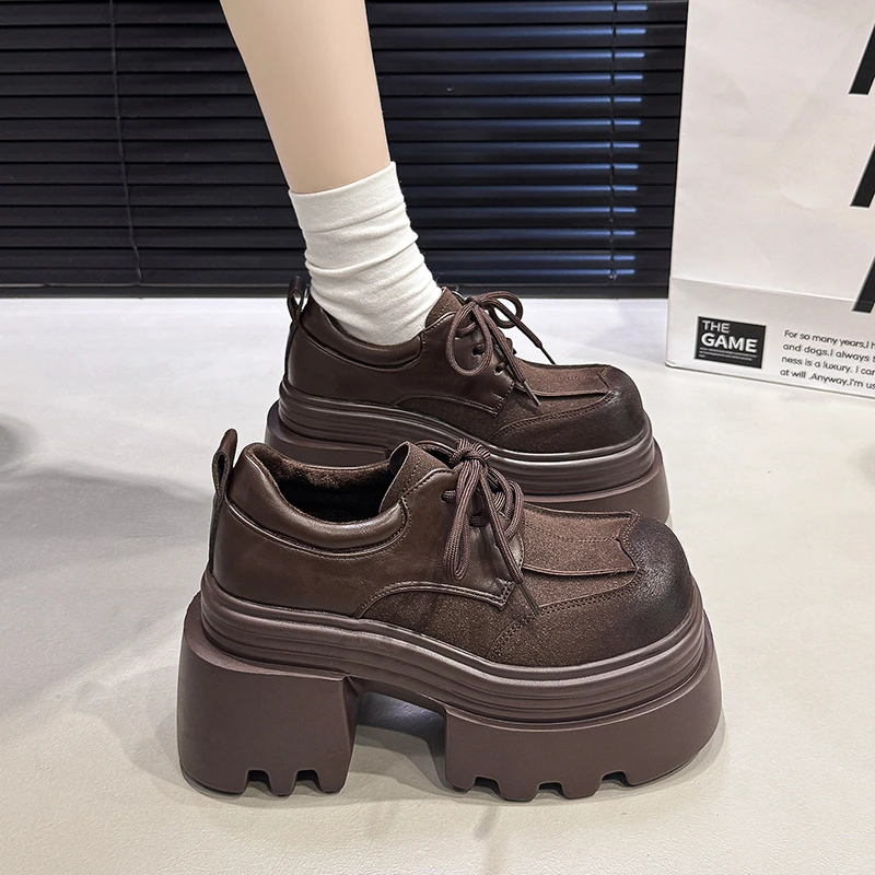 

Women Platform Loafers Pumps 10CM High Heels NEW 2026 Retor Trend Spring Winter Leather Chunky Sneakers Outdoor Walking Shoes