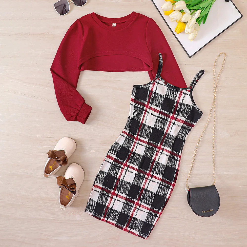 

Fashion Girls Clothes Set 2PCS Plaid Strap Dress Set Long Sleeve Pullover Top Spring 4-12Y Children Clothing Elegant Outfits