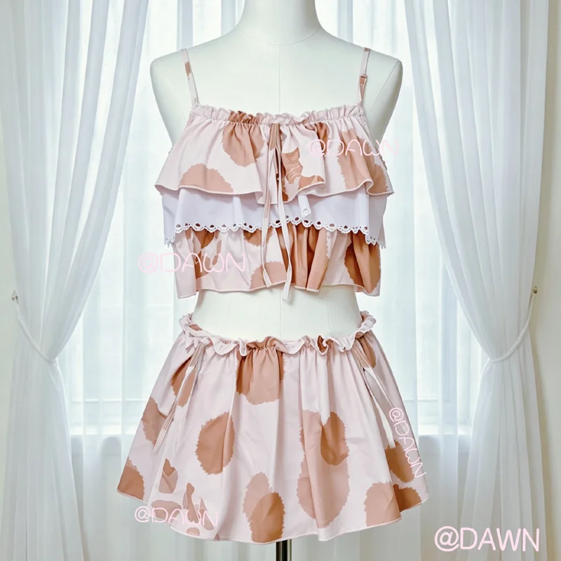 lolita Cat Printed Swimsuit Split Cute Girl Suspender Tube Top Set Lolita Style Ruffle Edge Top Triangular Swimsuit Women Bikini