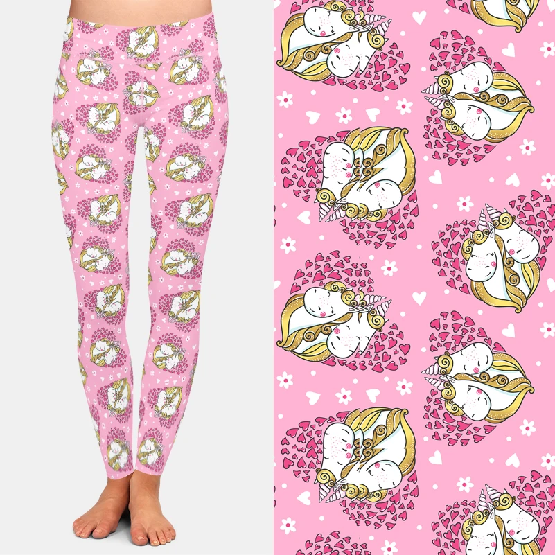 LETSFIND Women Elastic Slim Leggings Valentine's Day Cute Unicorn Falling In Love Print High Waist Fitness Leggings