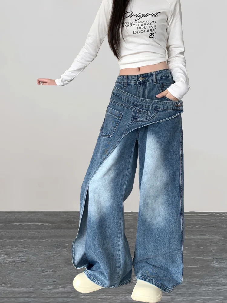 بنطلون جينز نسائي واسع الساق موديل 2026، سروال طويل بخصر عالٍ غير متماثل، جينز ممزق بغسيل بانك للملابس الشبابية