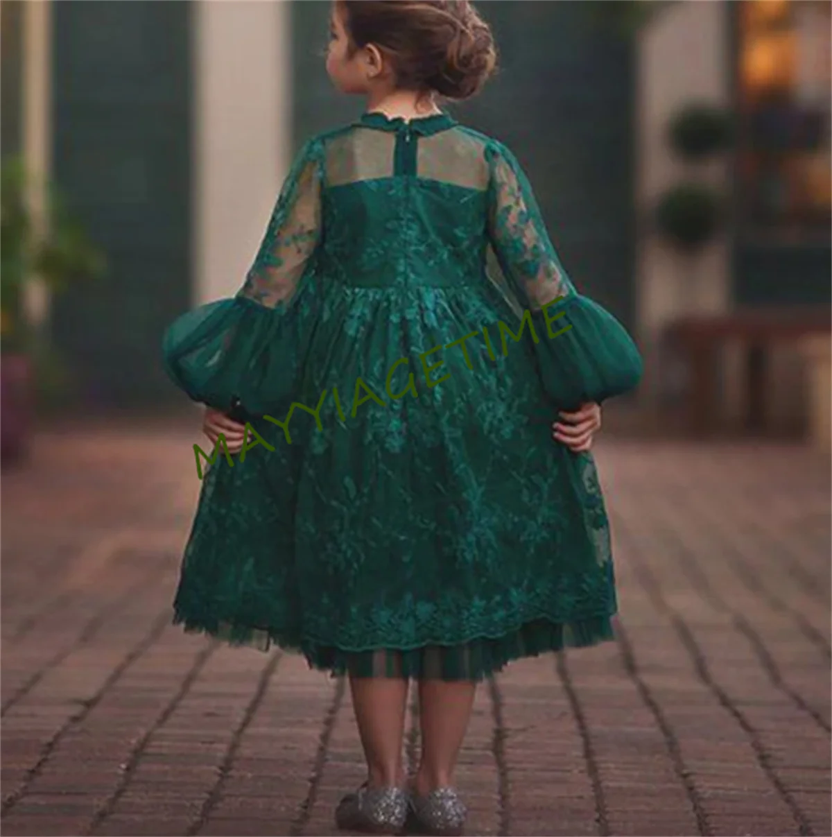 Green A-Line Flower Girl Dresses Wedding Pleat Tulle Appliques Simple Long Sleeve Tea-Length Beach Dress for Kids Party Dance