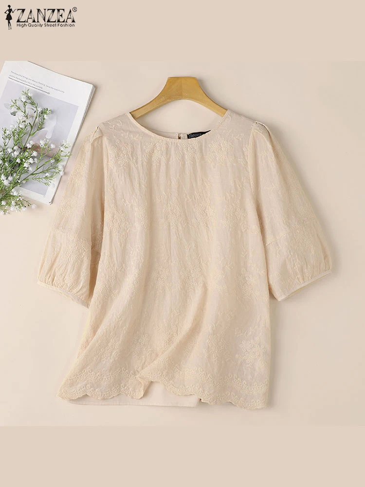 ZANZEA Women Short Sleeve Embroidery Floral Tops Casual Solid Blusas Mujer Holiday Shirt Tunic Summer Lace Crochet Cotton Blouse