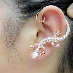 2023 Fashion Rhinestone Ear Cuff Earrings,luxury Elegant Rose Gold Color Exaggerated Gecko Lizards  Earrings