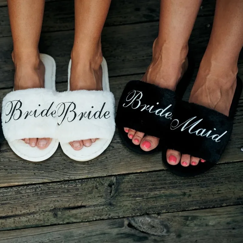 

Comfort Fluffy White Black Slippers Wedding Day Bachelorette Party Bridal Shower Decorations Accessories Bride Bridesmaid Gifts