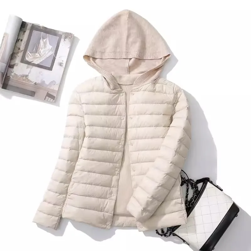 Autumn Winter Knitted Patchowrk Hooded Down Coat Women Warm Light Thin White Duck Down Jacket Female Short Puffer Parkas Outwear