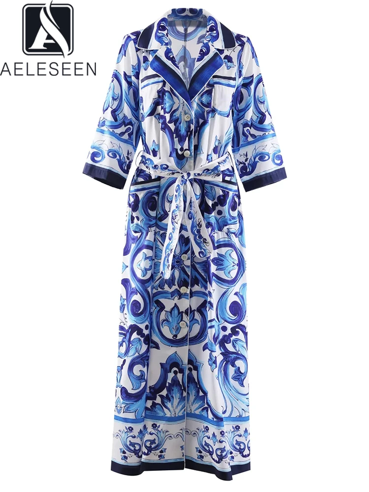 

AELESEEN Designer Fashion Pajamas Dress Spring Autumn Half Sleeve Turn-Down Collar Single-Breast Belt Porcelian Print Long Robe