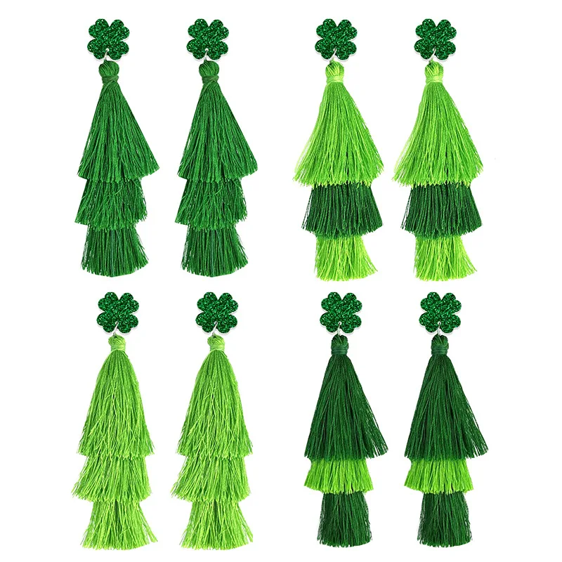 Three-Layer Tassel Long Dangle Earrings Set Jewelry Accessories  Green St. Patrick’s Day Cotton Tassels Earring Set - 4Pair/Set