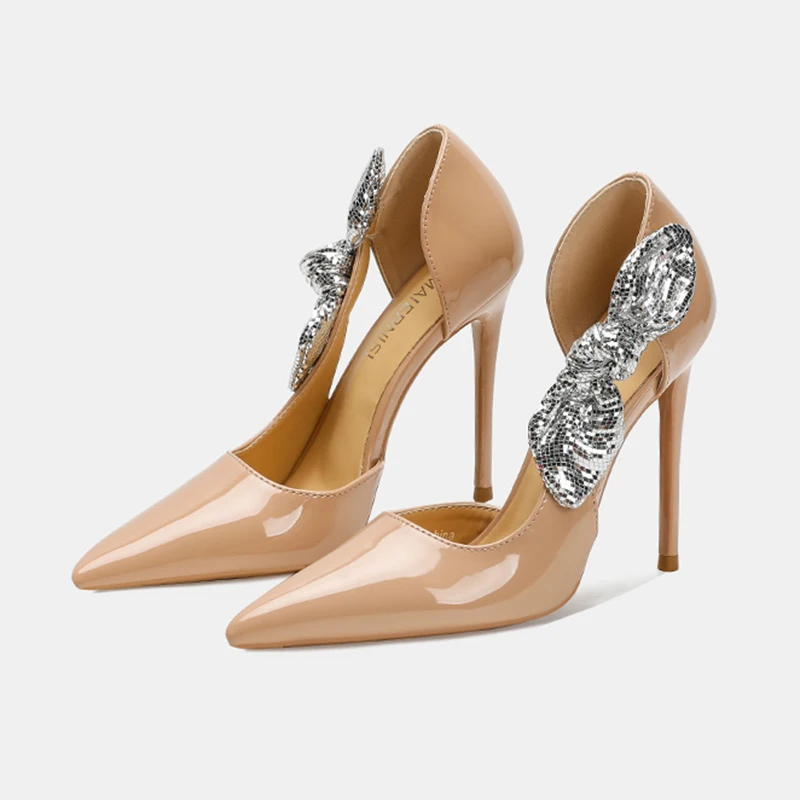 مصمم تألق Bowknot مضخات النساء الجانب قطع أشار تو 12 سنتيمتر سوبر عالية الكعب مثير لطيف الأسود براءات خنجر فستان الزفاف